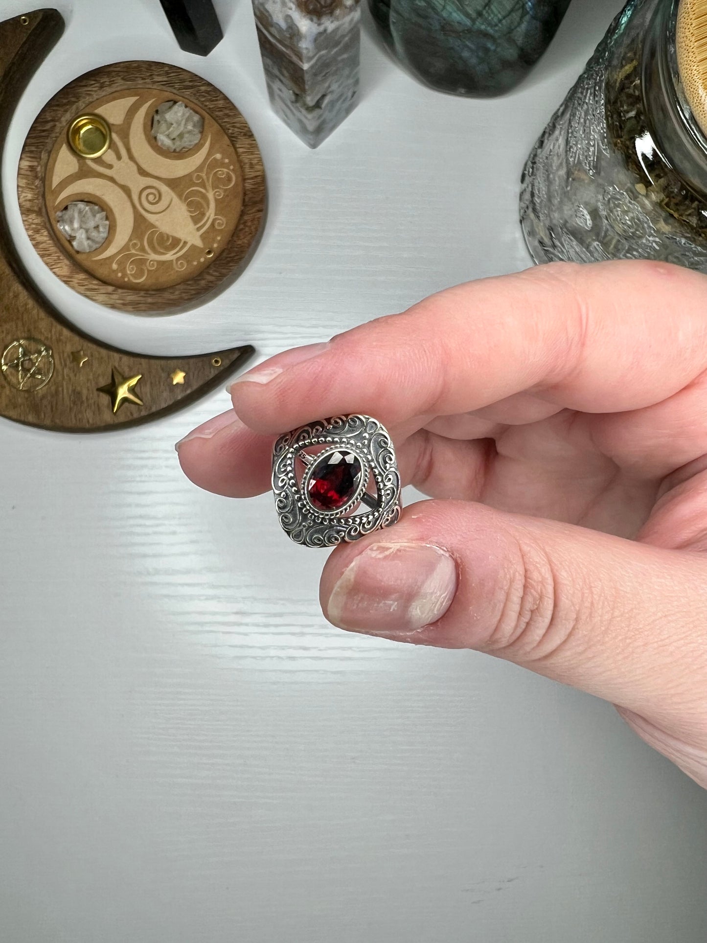 Garnet Ring - 925 Silver & Adjustable